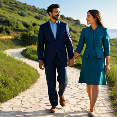 Home 4 A professional, diverse couple, fully clothed in modest business attire, confidently walking together on a scenic, winding path that ascends gently towards a bright horizon. They are looking forward, their expressions conveying determination, resilience, and shared ambition. The background features a vibrant, natural landscape under a clear sky, symbolizing growth and a promising future.
safe for work, appropriate content, fully clothed, professional dress, perfect anatomy, correct proportions, natural pose, well-formed hands, proper finger count, natural body proportions, high quality, cinematic lighting.