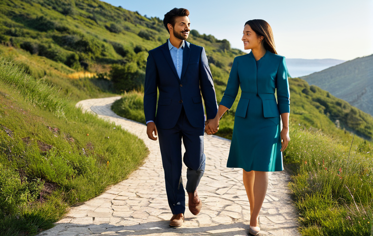 A professional, diverse couple, fully clothed in modest business attire, confidently walking together on a scenic, winding path that ascends gently towards a bright horizon. They are looking forward, their expressions conveying determination, resilience, and shared ambition. The background features a vibrant, natural landscape under a clear sky, symbolizing growth and a promising future.
    safe for work, appropriate content, fully clothed, professional dress, perfect anatomy, correct proportions, natural pose, well-formed hands, proper finger count, natural body proportions, high quality, cinematic lighting.
