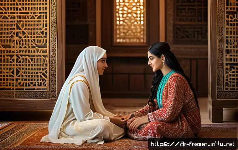 겨울왕국 속 형제 자매 관계의 의미 - A heartfelt scene depicting two Middle Eastern sisters in traditional modest clothing, one with long...