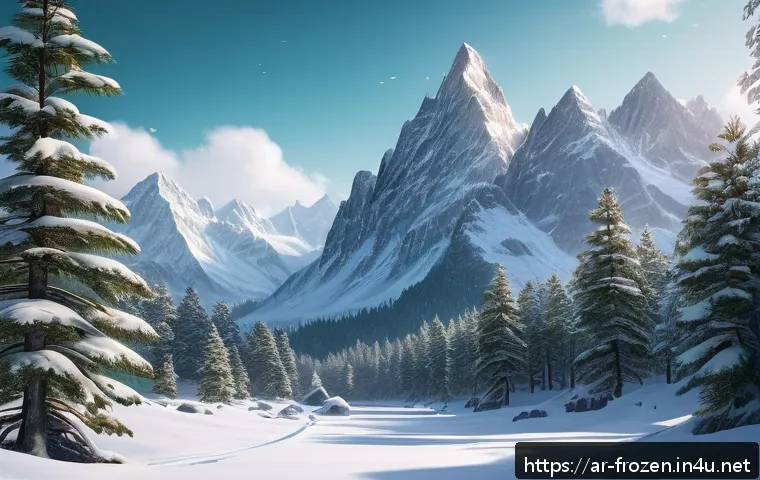겨울왕국 속 왕국 아렌델의 구조와 디자인 - A breathtaking winter landscape of Arendelle kingdom featuring towering snow-covered mountains surro...