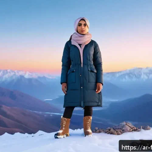 겨울왕국 안나의 독립적 성격 - A confident young Arab woman standing on a snowy mountain peak at sunrise, wearing practical, modest...
