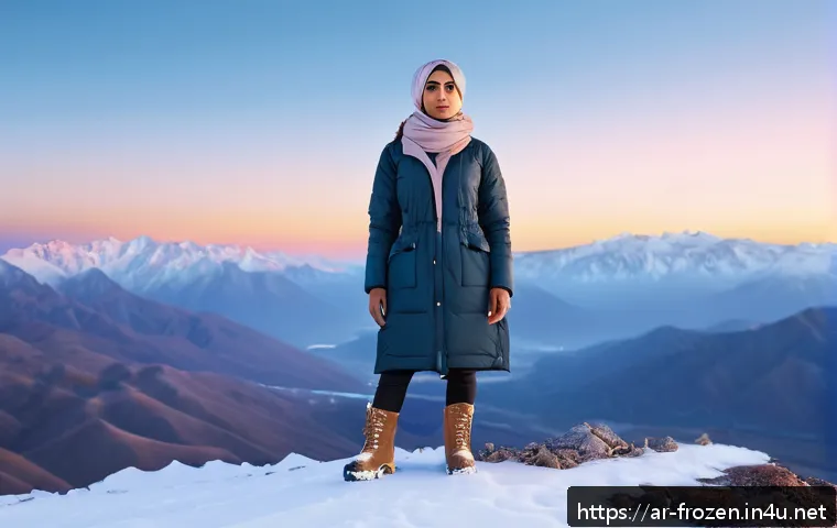 겨울왕국 안나의 독립적 성격 - A confident young Arab woman standing on a snowy mountain peak at sunrise, wearing practical, modest...