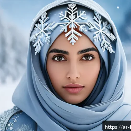 겨울왕국 속 캐릭터의 성장 곡선 - A detailed illustration of a young Middle Eastern woman embodying the &ldquo;Snow Queen&rdquo; character, wearin...
