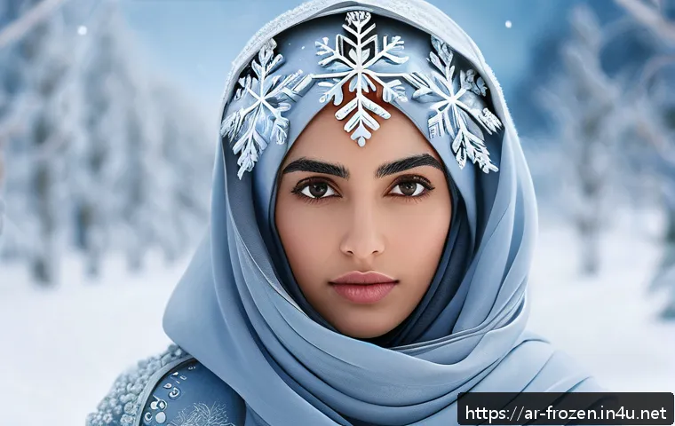 겨울왕국 속 캐릭터의 성장 곡선 - A detailed illustration of a young Middle Eastern woman embodying the &ldquo;Snow Queen&rdquo; character, wearin...