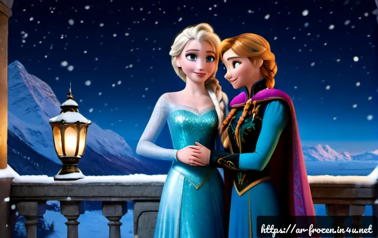 안나와 엘사의 관계 - Photorealistic cinematic scene of Anna and Elsa as loving sisters standing together on a moonlit bal...