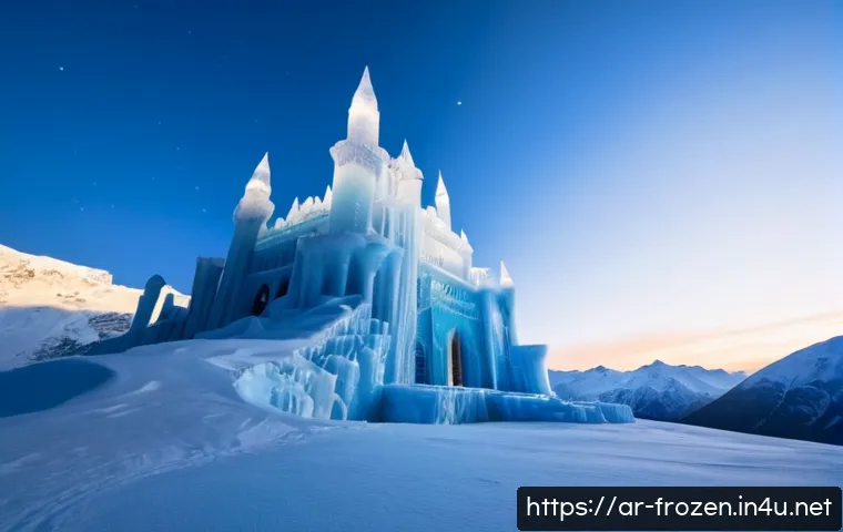 겨울왕국 속 마법의 근원과 설정 - Photorealistic enchanted winter kingdom at blue twilight, towering ice palace rising from a snow-cov...